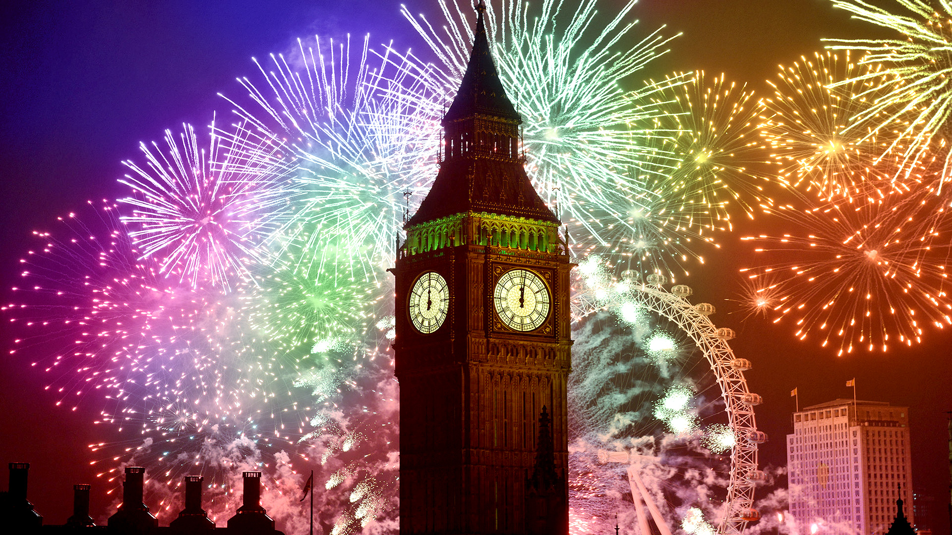Big ben with colorful fireworks in London