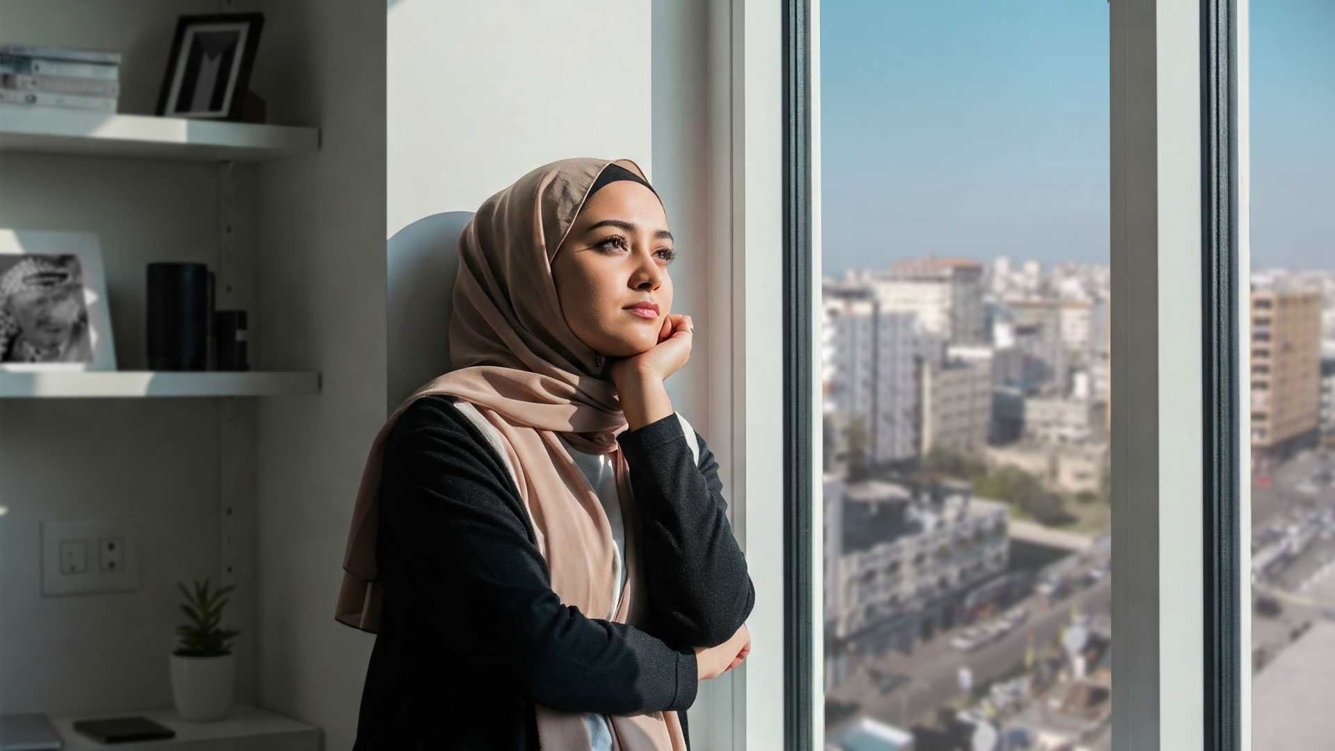 Muslim girl looking outside her window in Gaza Palestine