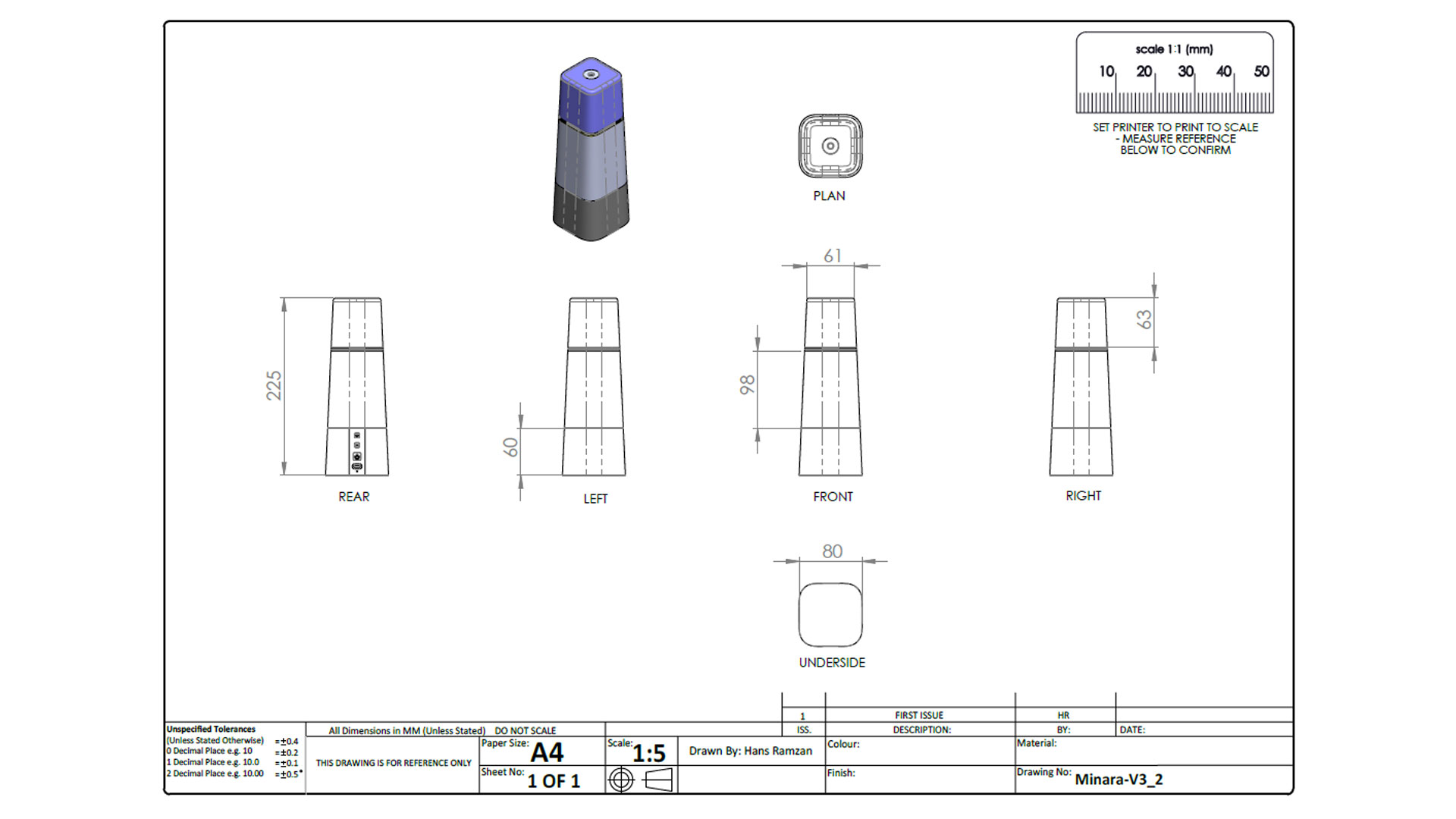 Minara smart speaker technical drawing